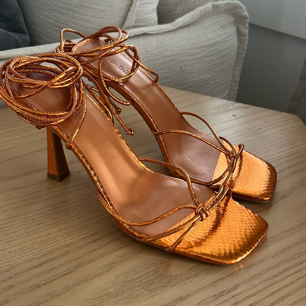 NWOT OPEN EDIT orange snakeskin metallic wrap sandal